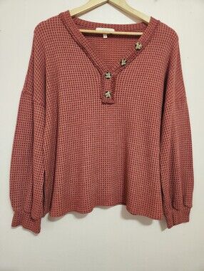 Hailey & Co Rust Waffle Knit Raw Edge V-Neck Henley Balloon Sleeve Top Size L